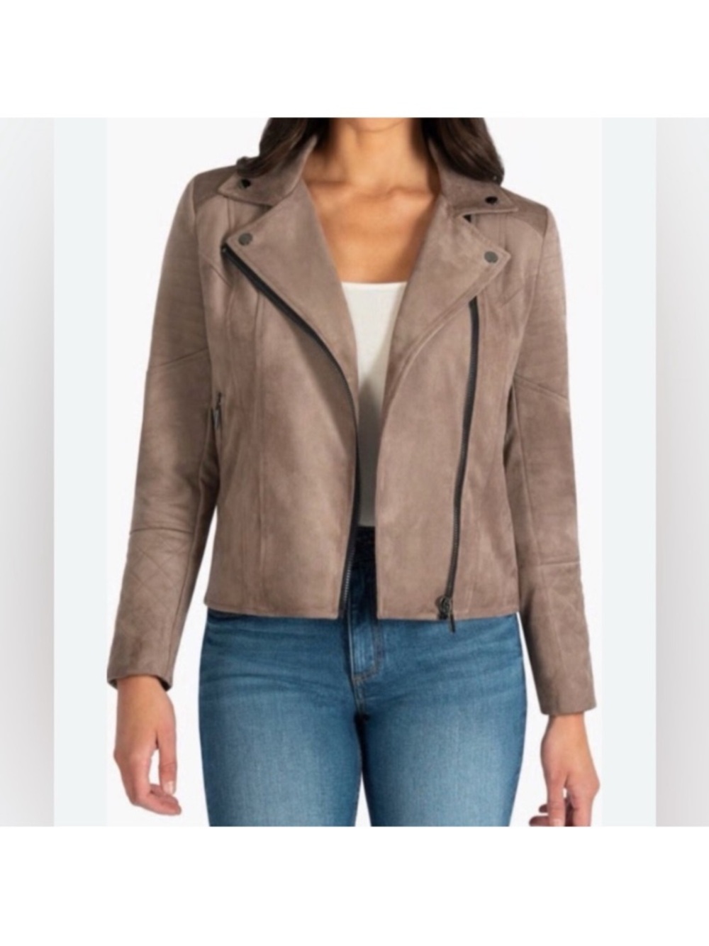 Kut from the Kloth Taupe Suede Asymmetrical Moto Jacket